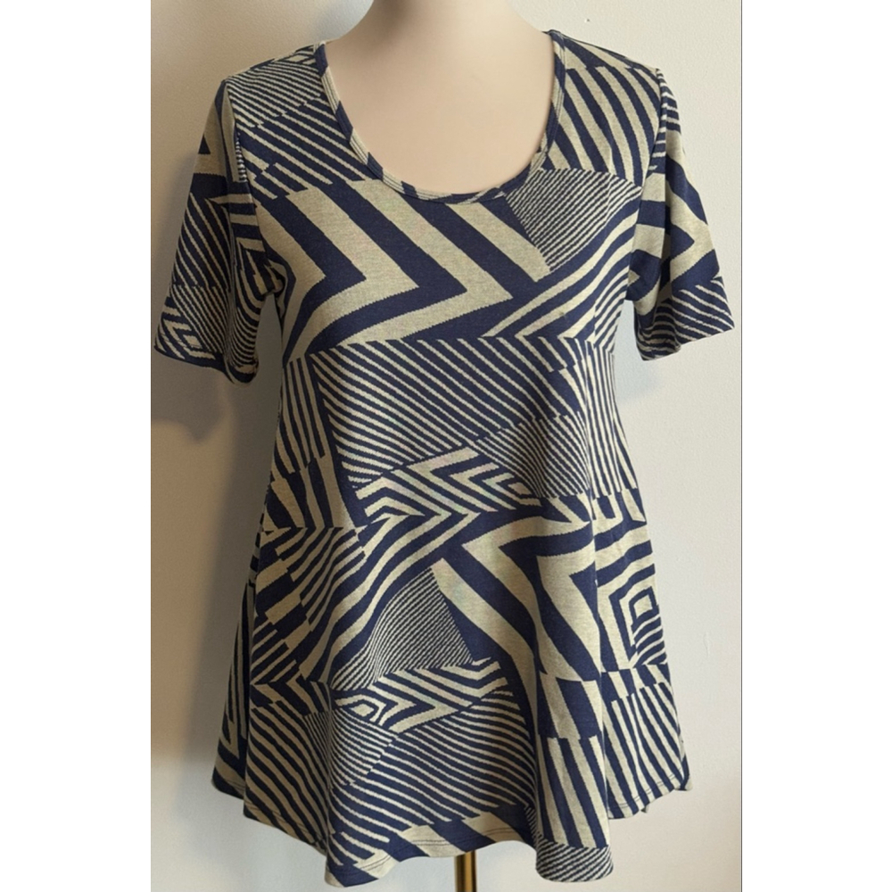 Women's LuLaRoe Tunic Top XS Blue Beige Geometric Print